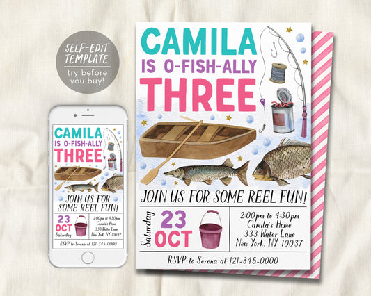 Fishing 3rd Birthday Invitation Editable Template