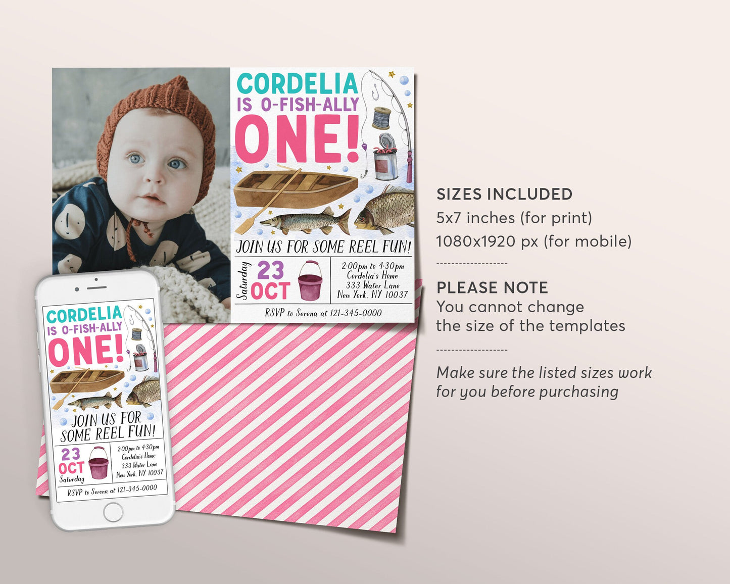 Fishing 1st Birthday Invitation With Photo Editable Template, Girl O Fish Ally One First Birthday Party Invite, Ofishally Fly Fishing Evite