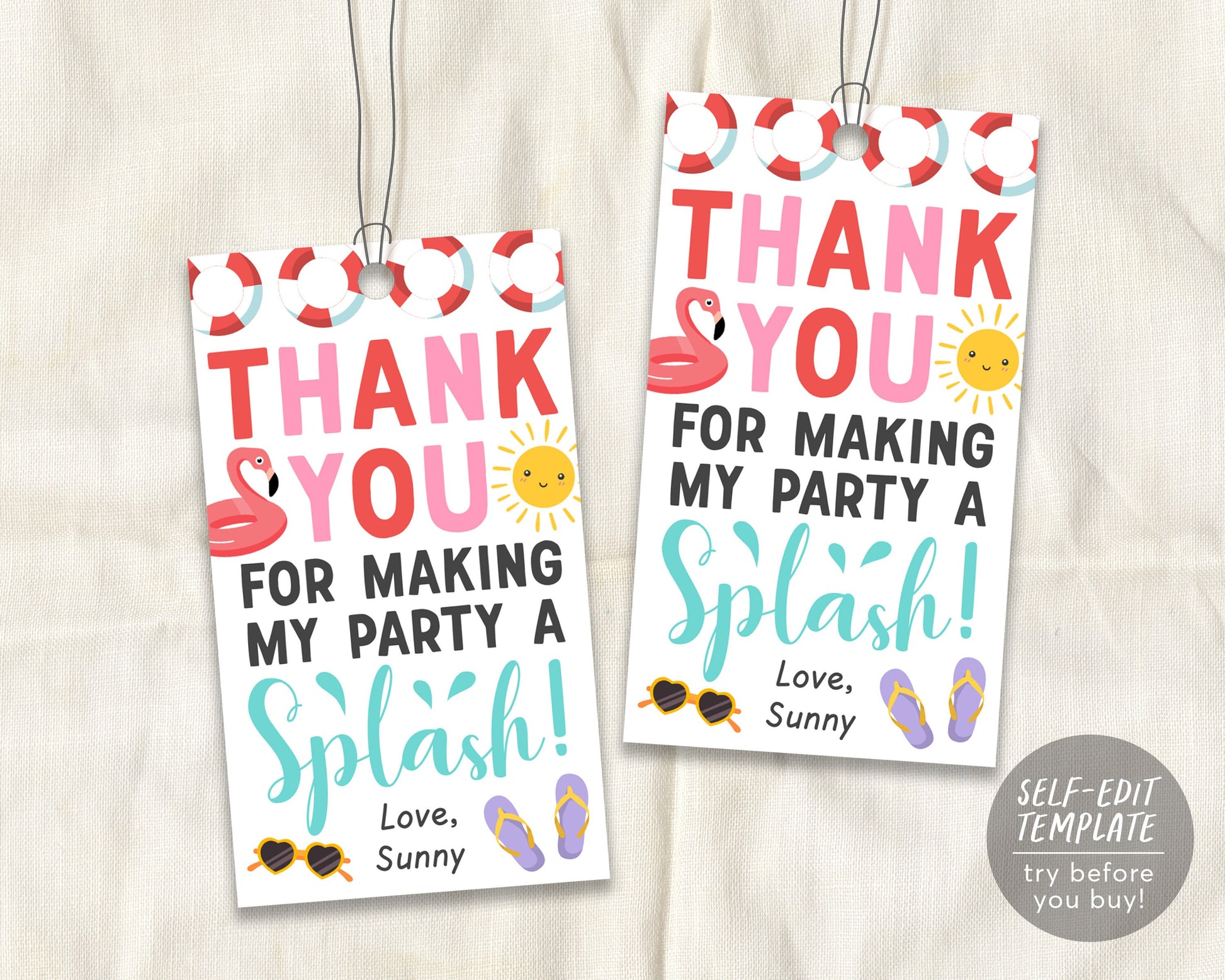Pool Party Thank You Tags Editable Template