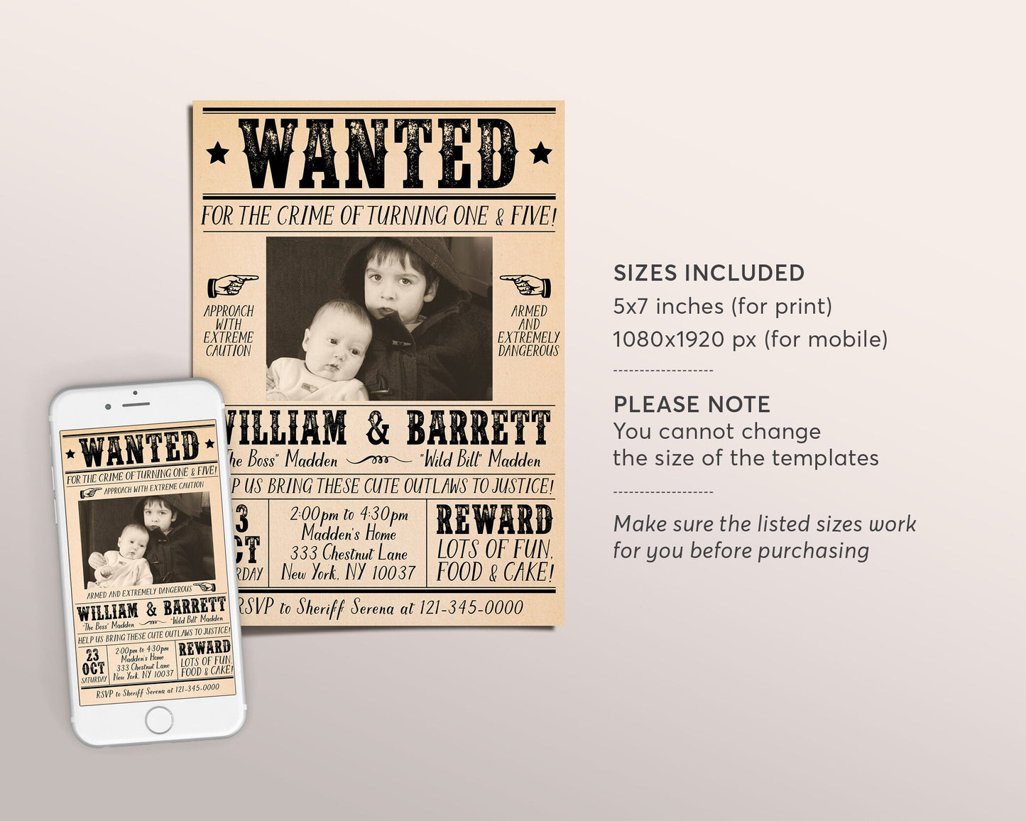 Wanted Poster Joint Siblings Invitation With Photo Editable Template, Cowboy Cowgirl Western Outlaw Birthday Party Invite, Wild West Evite