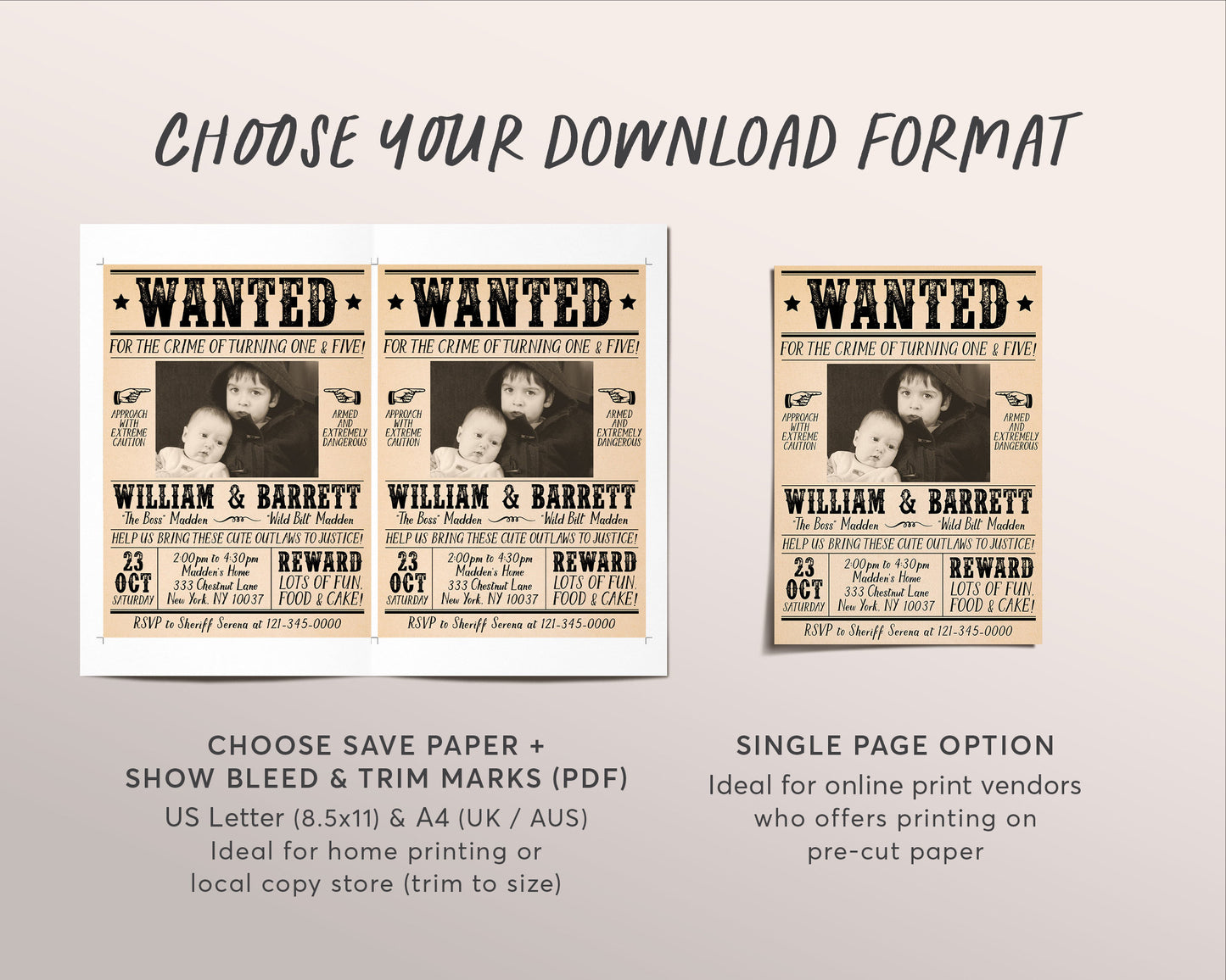 Wanted Poster Joint Siblings Invitation With Photo Editable Template, Cowboy Cowgirl Western Outlaw Birthday Party Invite, Wild West Evite