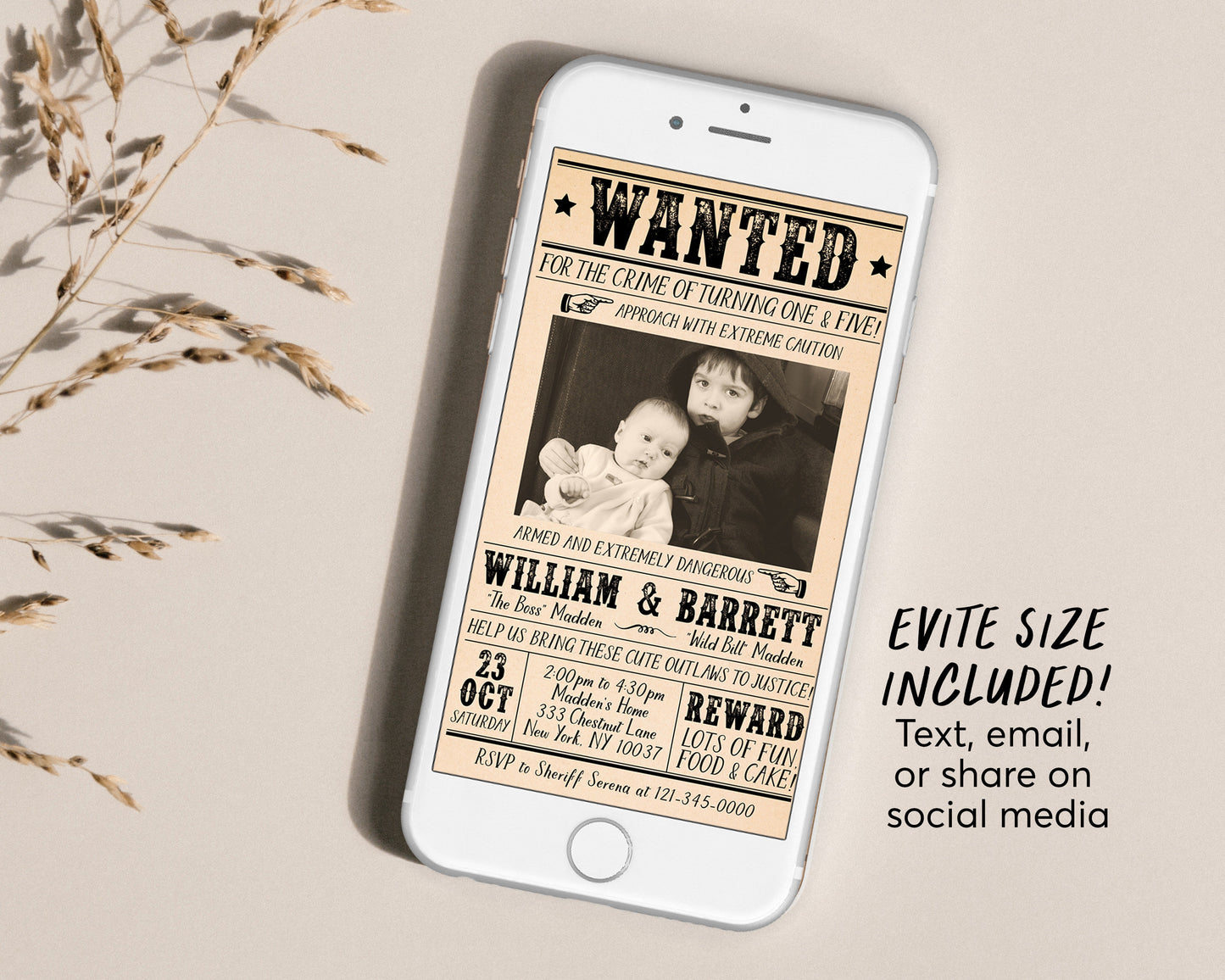 Wanted Poster Joint Siblings Invitation With Photo Editable Template, Cowboy Cowgirl Western Outlaw Birthday Party Invite, Wild West Evite