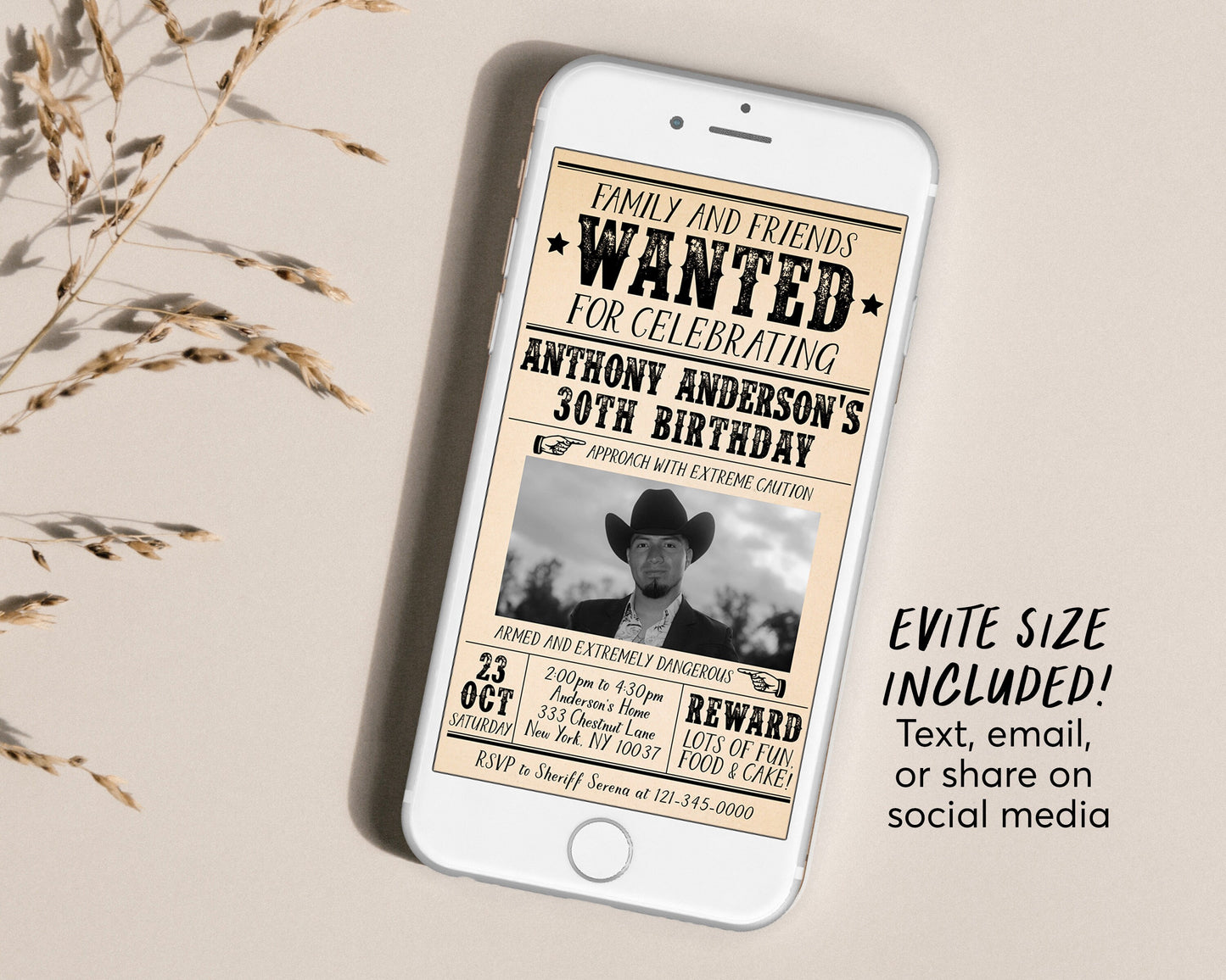 Adult Wanted Poster Invitation With Photo Editable Template, Cowboy Cowgirl Western Outlaw Birthday Party Invite, Wild West Southwestern