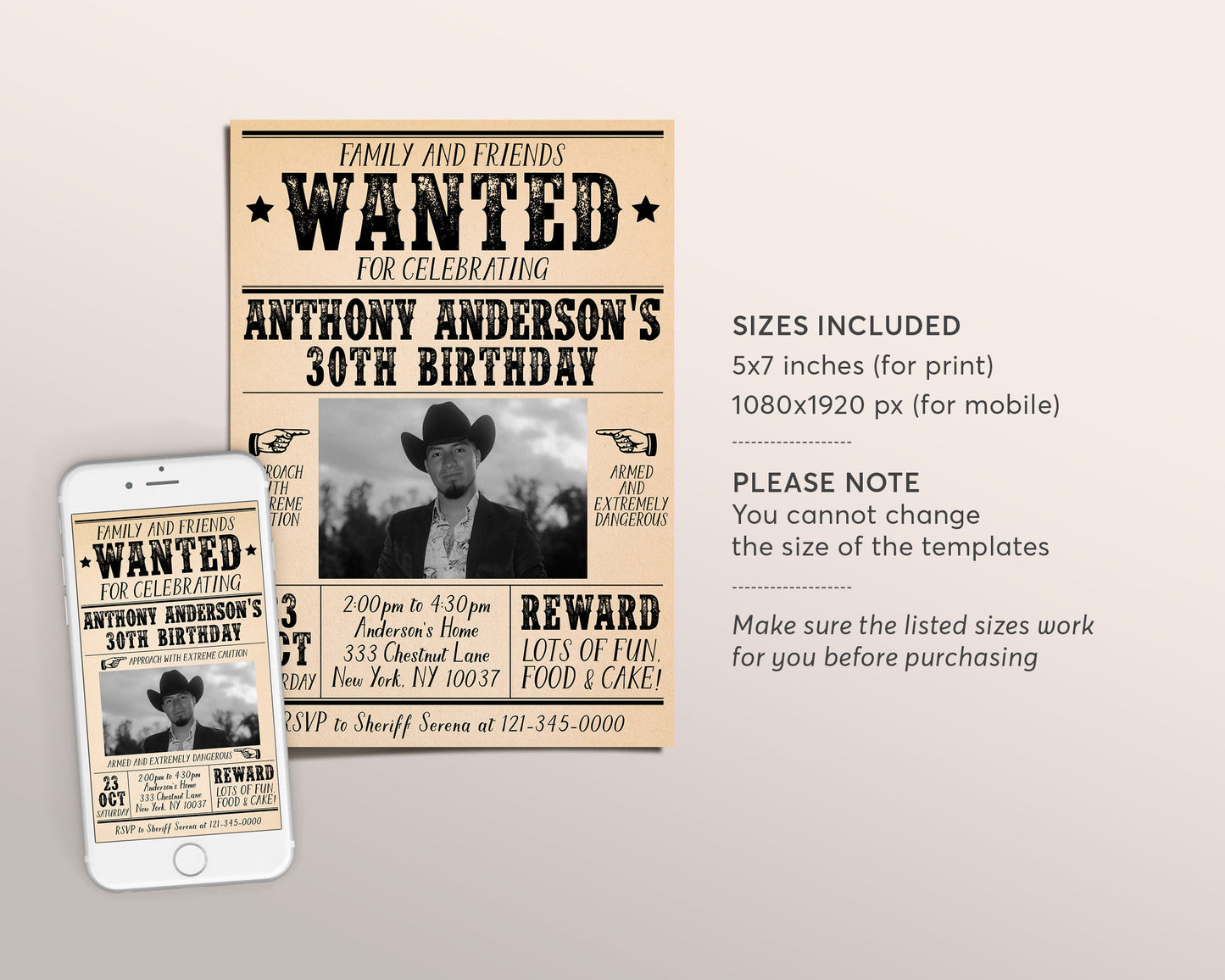 Adult Wanted Poster Invitation With Photo Editable Template, Cowboy Cowgirl Western Outlaw Birthday Party Invite, Wild West Southwestern