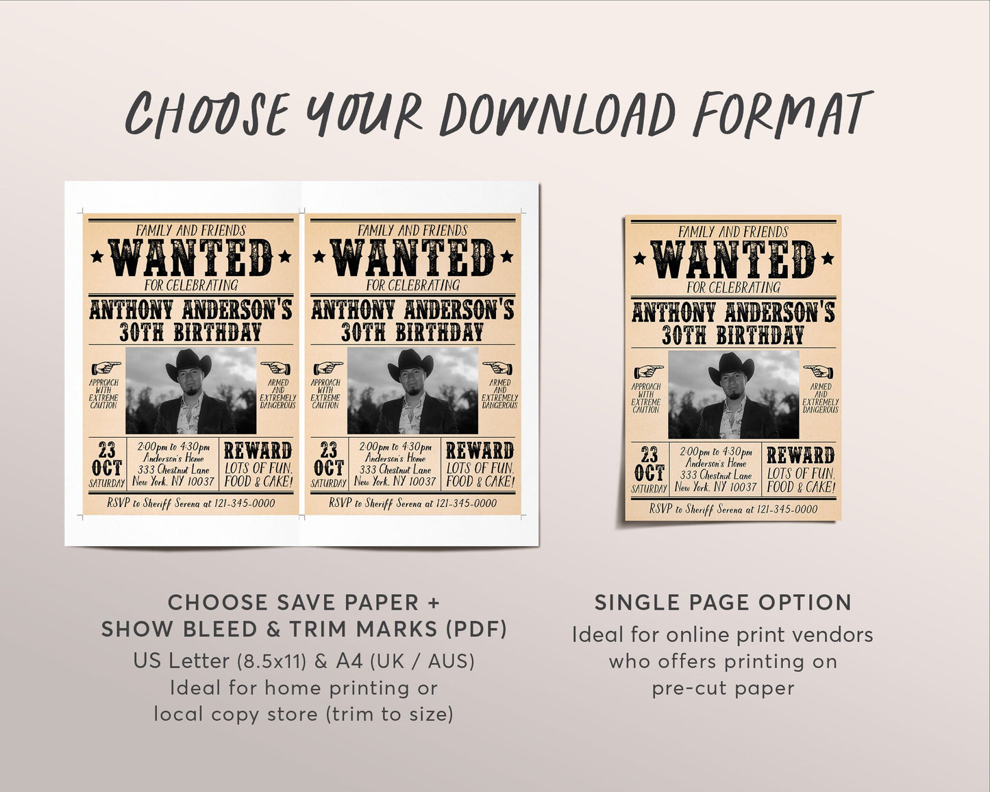 Adult Wanted Poster Invitation With Photo Editable Template, Cowboy Cowgirl Western Outlaw Birthday Party Invite, Wild West Southwestern