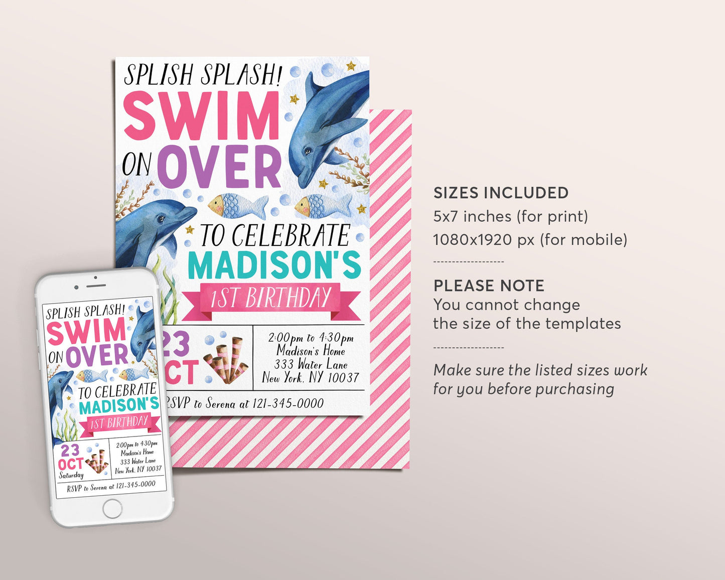 Dolphin Birthday Invitation Editable Template, Dolphin Under The Sea Invite, Girl Swim On Over Theme Ocean Celebration Pool Party Evite