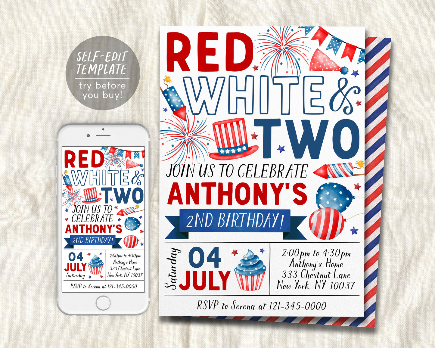 4th of July Birthday Invitation Editable Template