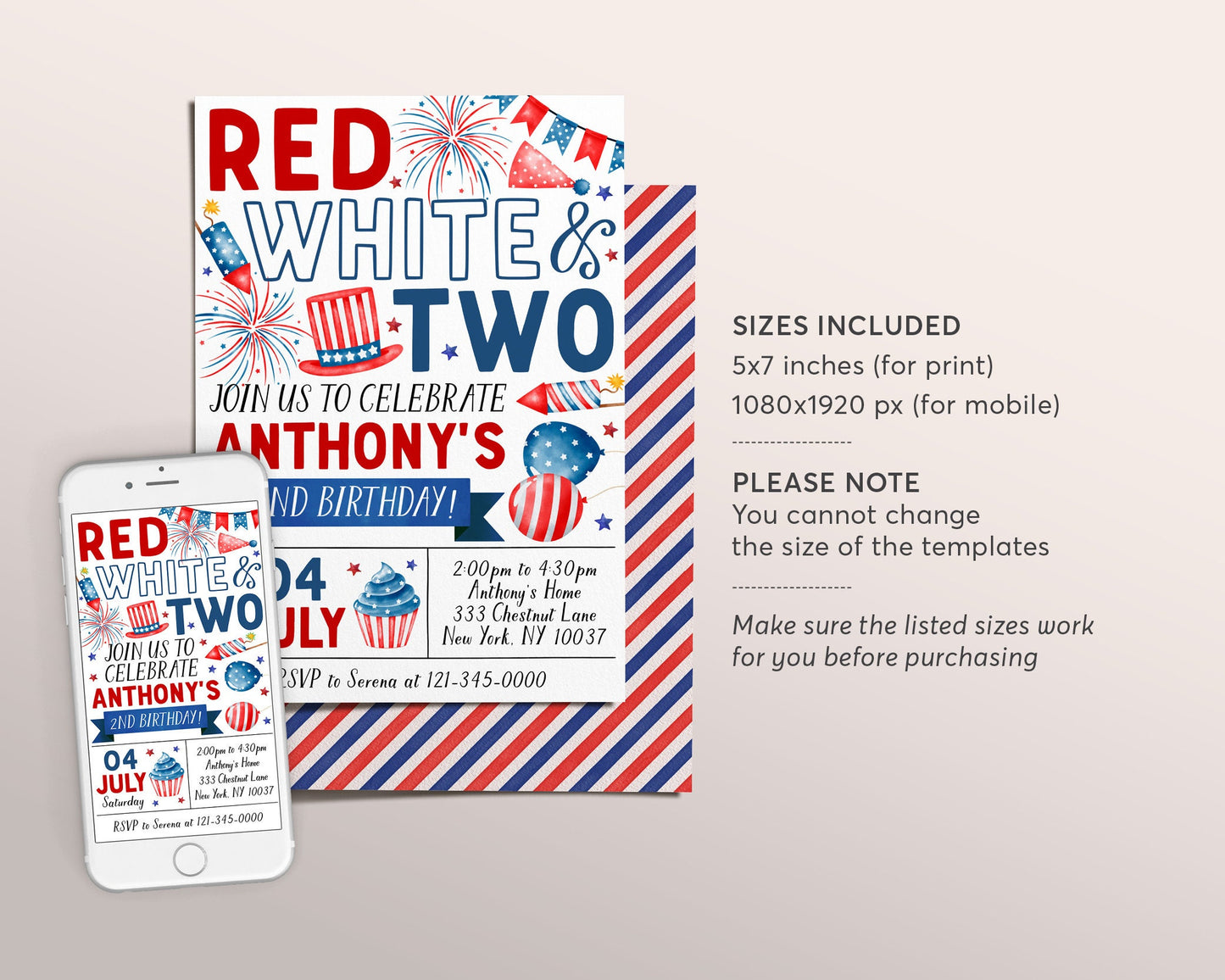 4th of July 2nd Birthday Invitation Editable Template, Red White and Two Second Birthday Patriotic Party Invite Evite, Memorial Day BBQ