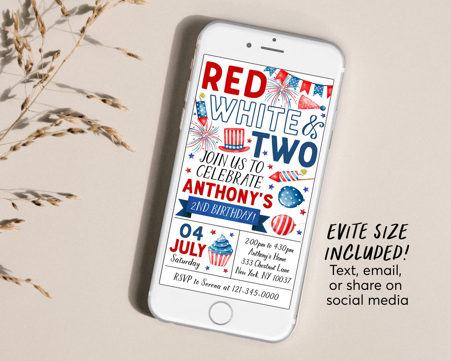 4th of July 2nd Birthday Invitation Editable Template, Red White and Two Second Birthday Patriotic Party Invite Evite, Memorial Day BBQ