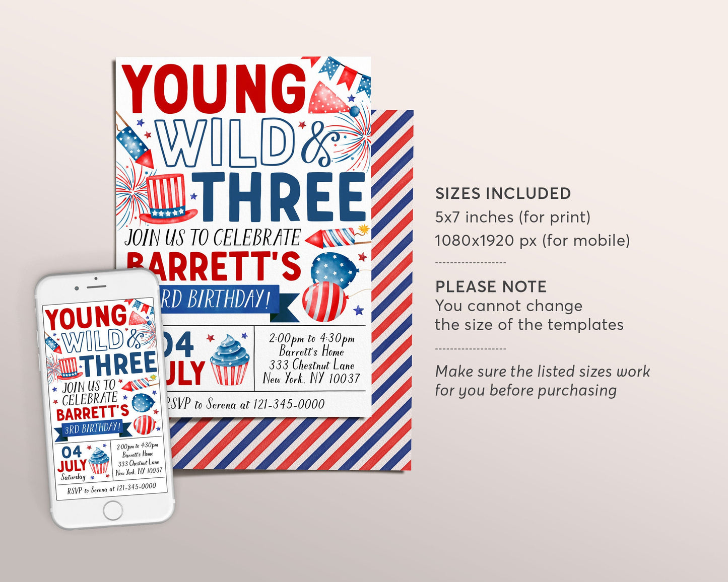 4th of July 3rd Birthday Invitation Editable Template, Young Wild and Three Third Birthday Patriotic Party Invite Evite, Memorial Day BBQ