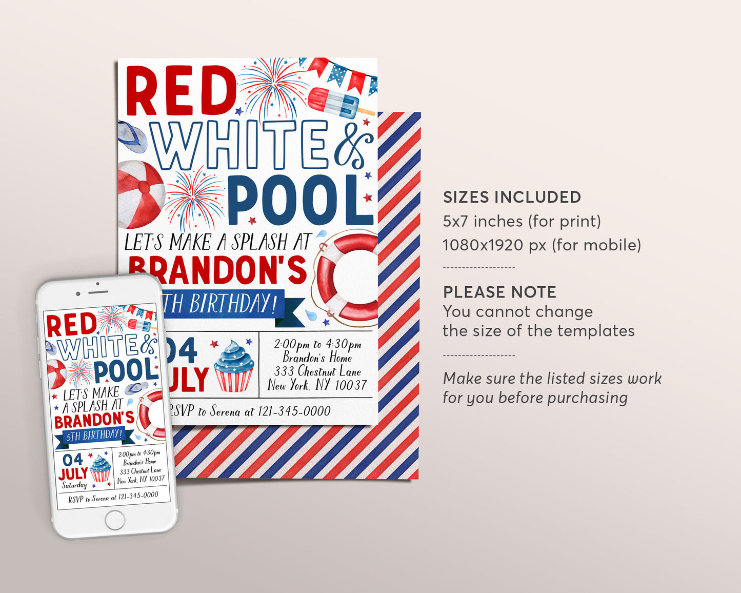 4th of July Birthday Invitation Editable Template, Red White Pool Party Invite, Patriotic Kids Summer Swim Party Evite, Memorial Day Invite