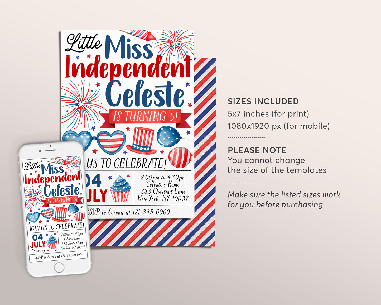 4th of July Birthday Invitation Editable Template, Little Miss Independent Patriotic Party Invite, Little Firecracker Red White Blue Evite