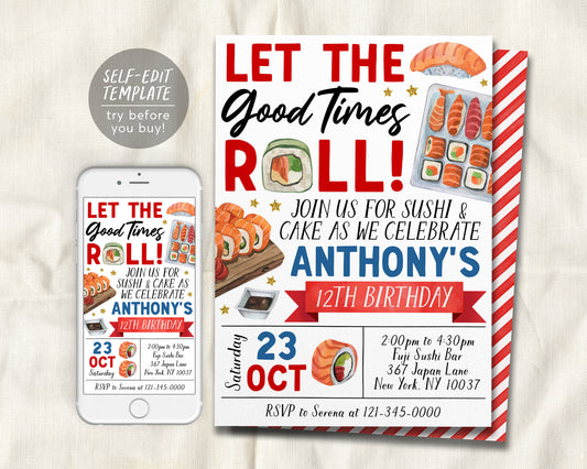 Sushi Party Invitation Editable Template