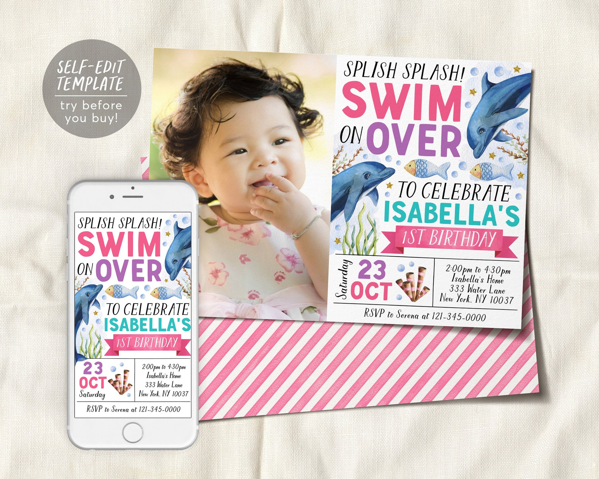 Dolphin Birthday Invitation With Photo Editable Template