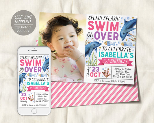 Dolphin Birthday Invitation With Photo Editable Template