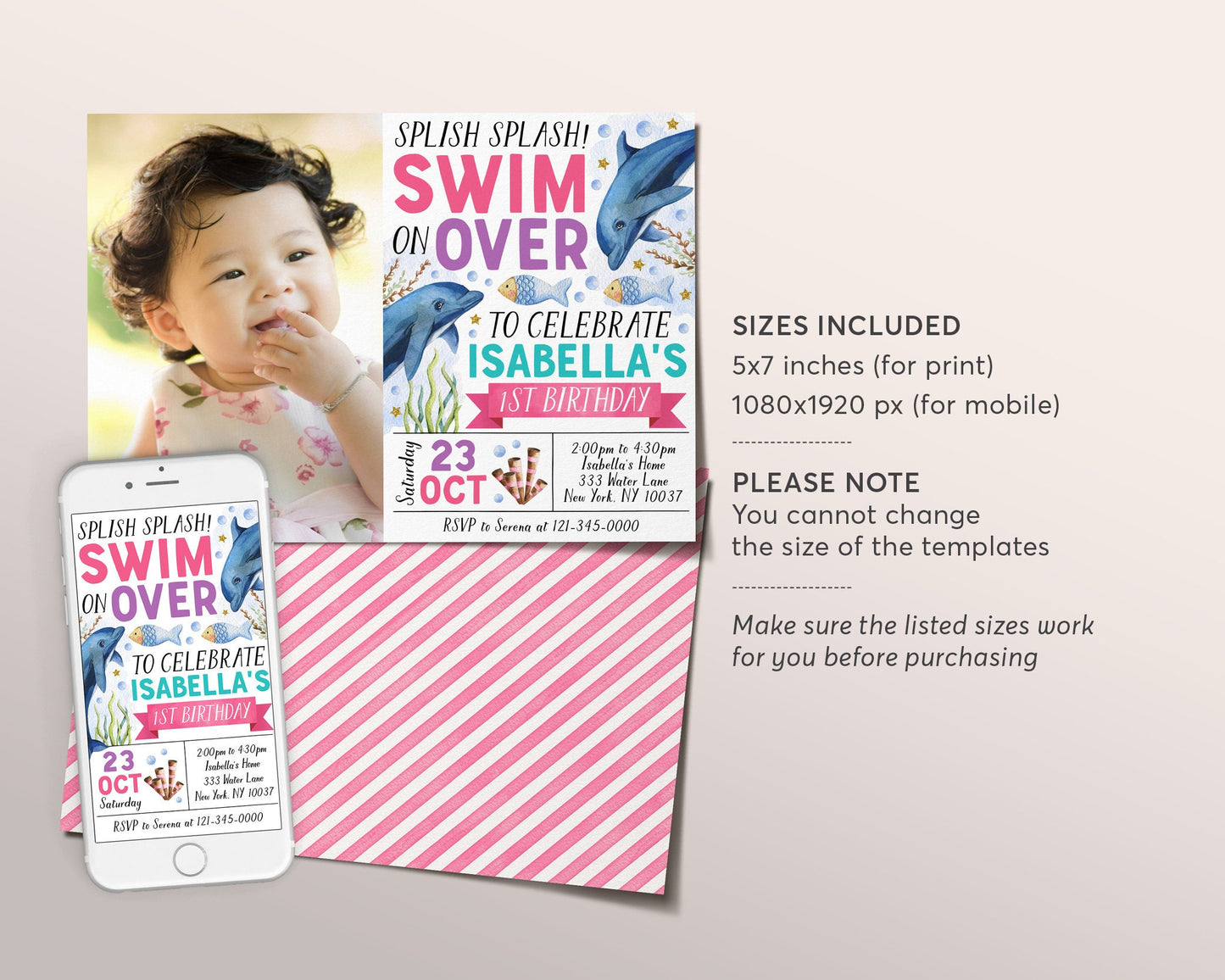 Dolphin Birthday Invitation With Photo Editable Template, Dolphin Under The Sea Invite, Girl Swim On Over Theme Ocean Pool Party Evite