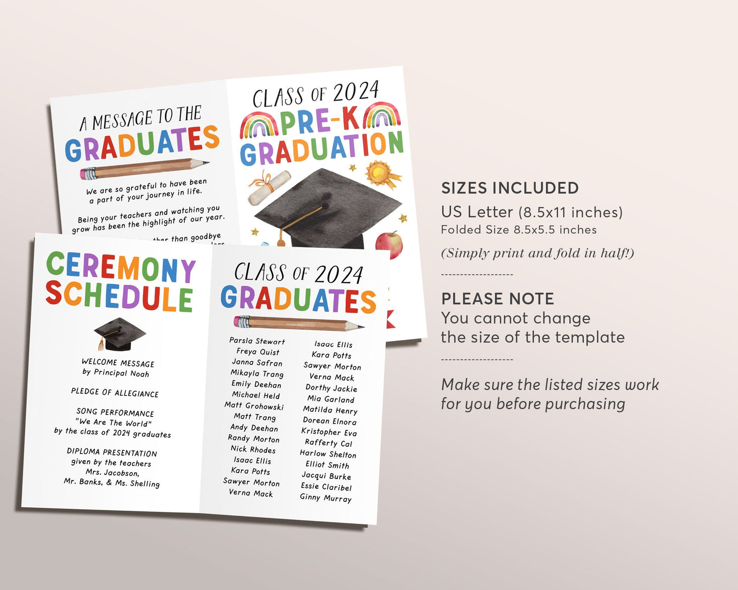 Pre-K Graduation Program Editable Template, Preschool Ceremony Program Child Care Learning Center, Pamphlet Booklet Daycare Commencement