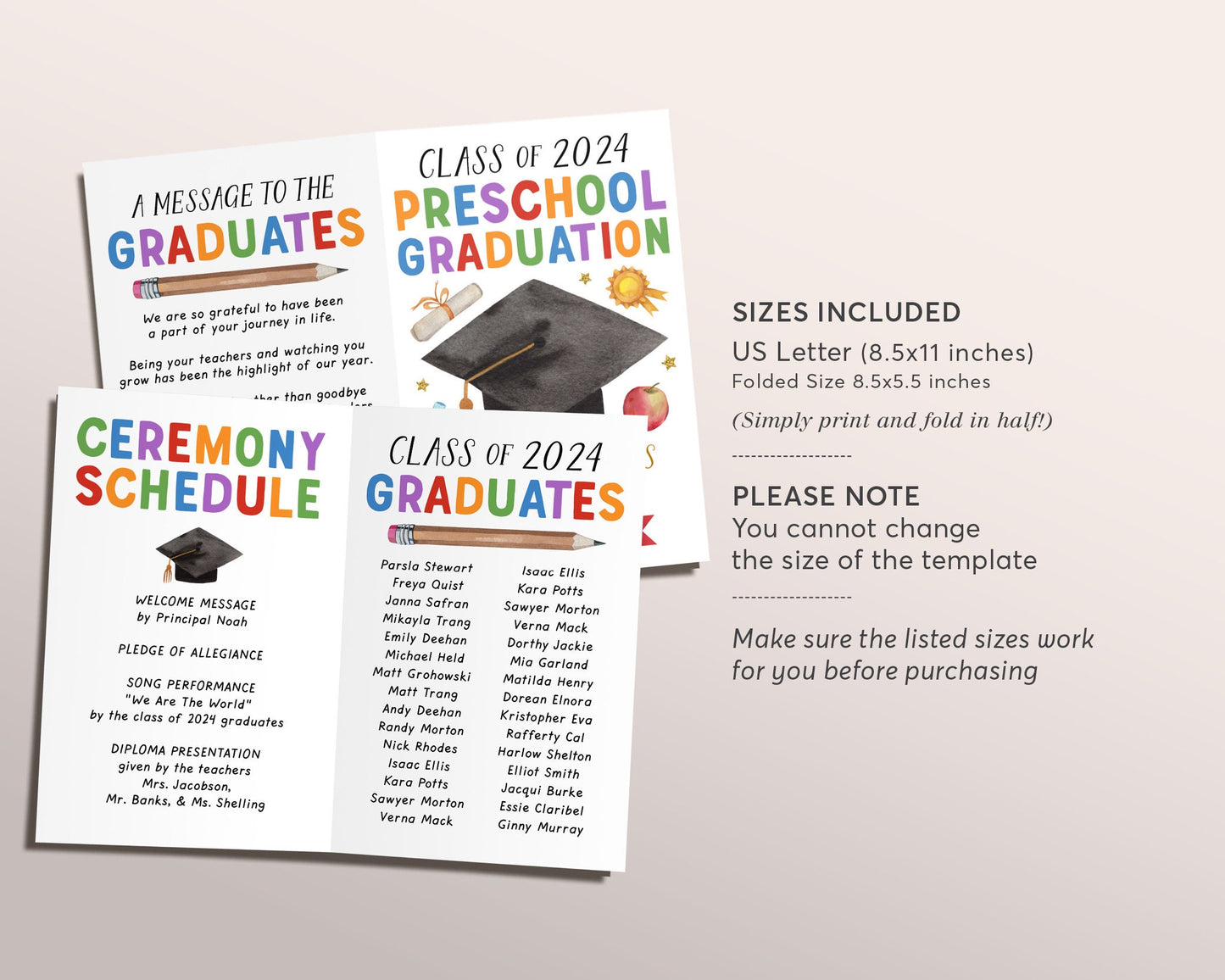 Preschool Graduation Program Editable Template, Pre-K Ceremony Program Child Care Learning Center, Pamphlet Booklet Daycare Commencement