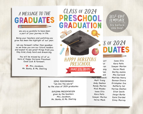 Preschool Graduation Program Editable Template, Pre-K Ceremony Program ...