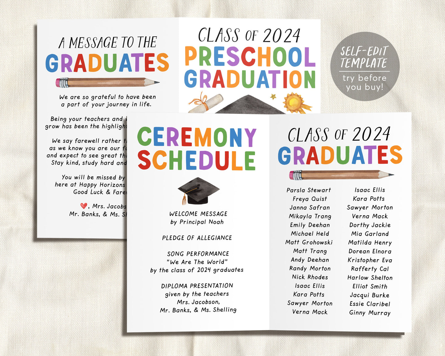 Preschool Graduation Program Editable Template, Pre-K Ceremony Program Child Care Learning Center, Pamphlet Booklet Daycare Commencement