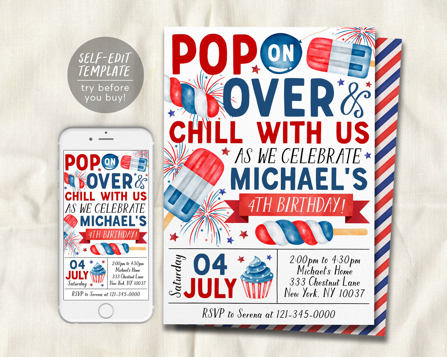 4th of July Birthday Invitation Editable Template