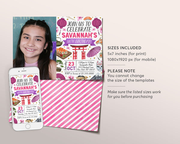 Japan Invite Japanese Themed Birthday Invitation With Photo Editable Template, Japa ...