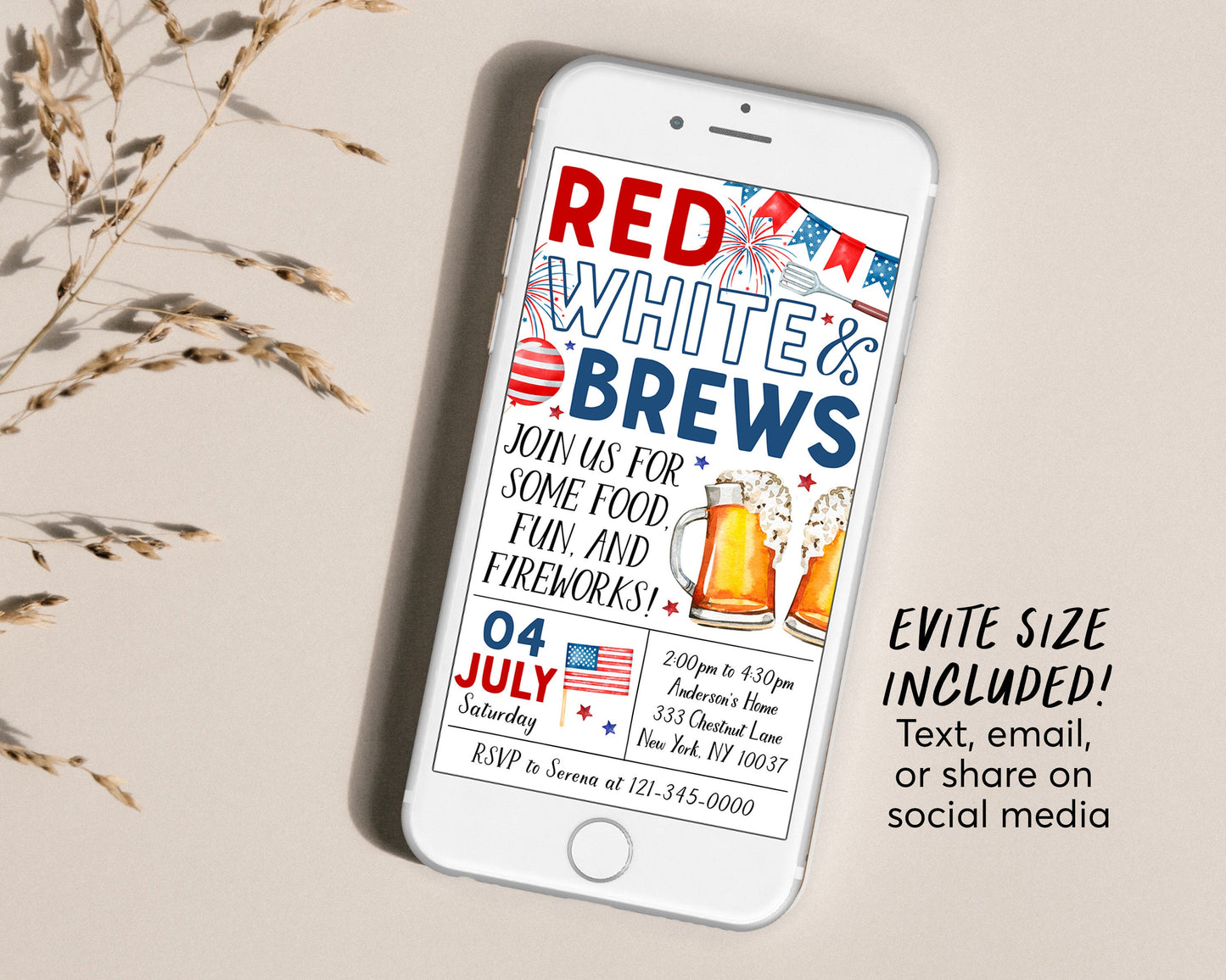 4th of July Invitation Editable Template, Red White and Brews Patriotic Fourth of July Party Invite, Independence Day BBQ Celebration Evite