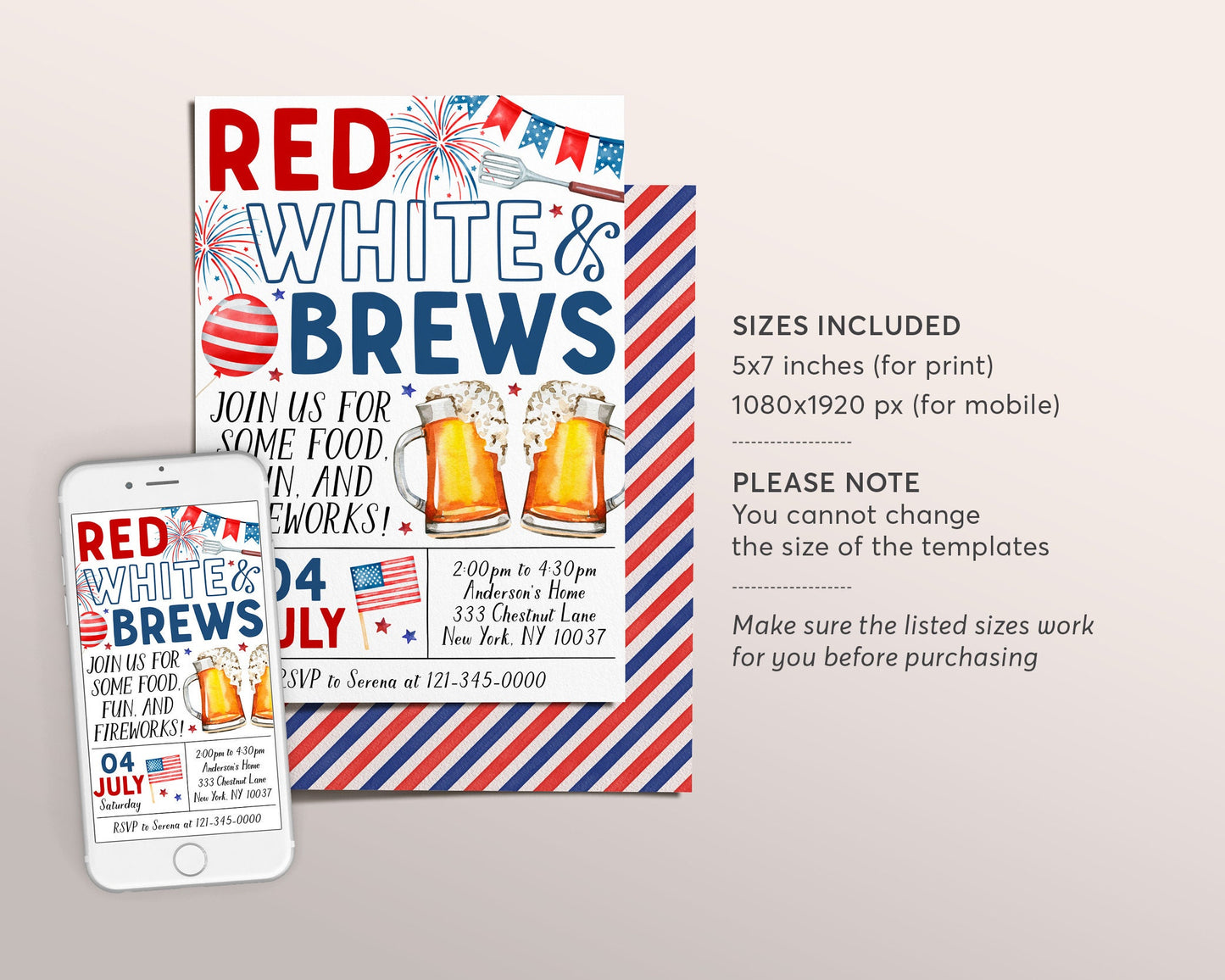 4th of July Invitation Editable Template, Red White and Brews Patriotic Fourth of July Party Invite, Independence Day BBQ Celebration Evite