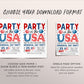 Memorial Day Invitation Editable Template, Party In The USA Patriotic Memorial Day Celebration Invite, Retro Red White and Groovy Evite