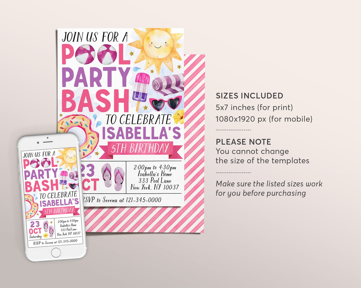 Pool Party Birthday Invitation Editable Template, Summer Tropical Swimming Pool Party Invite, Girl Splish Splash Pad End Of School Evite