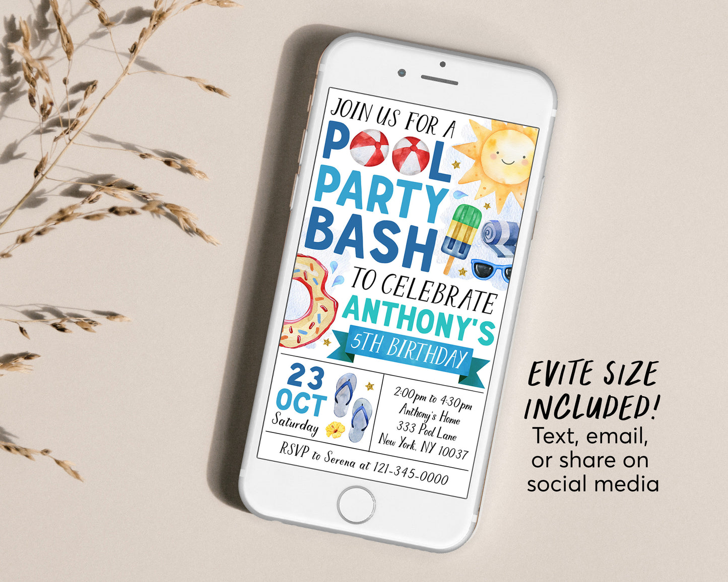 Pool Party Birthday Invitation Editable Template, Summer Tropical Swimming Pool Party Invite, Boy Splish Splash Pad End Of School Evite