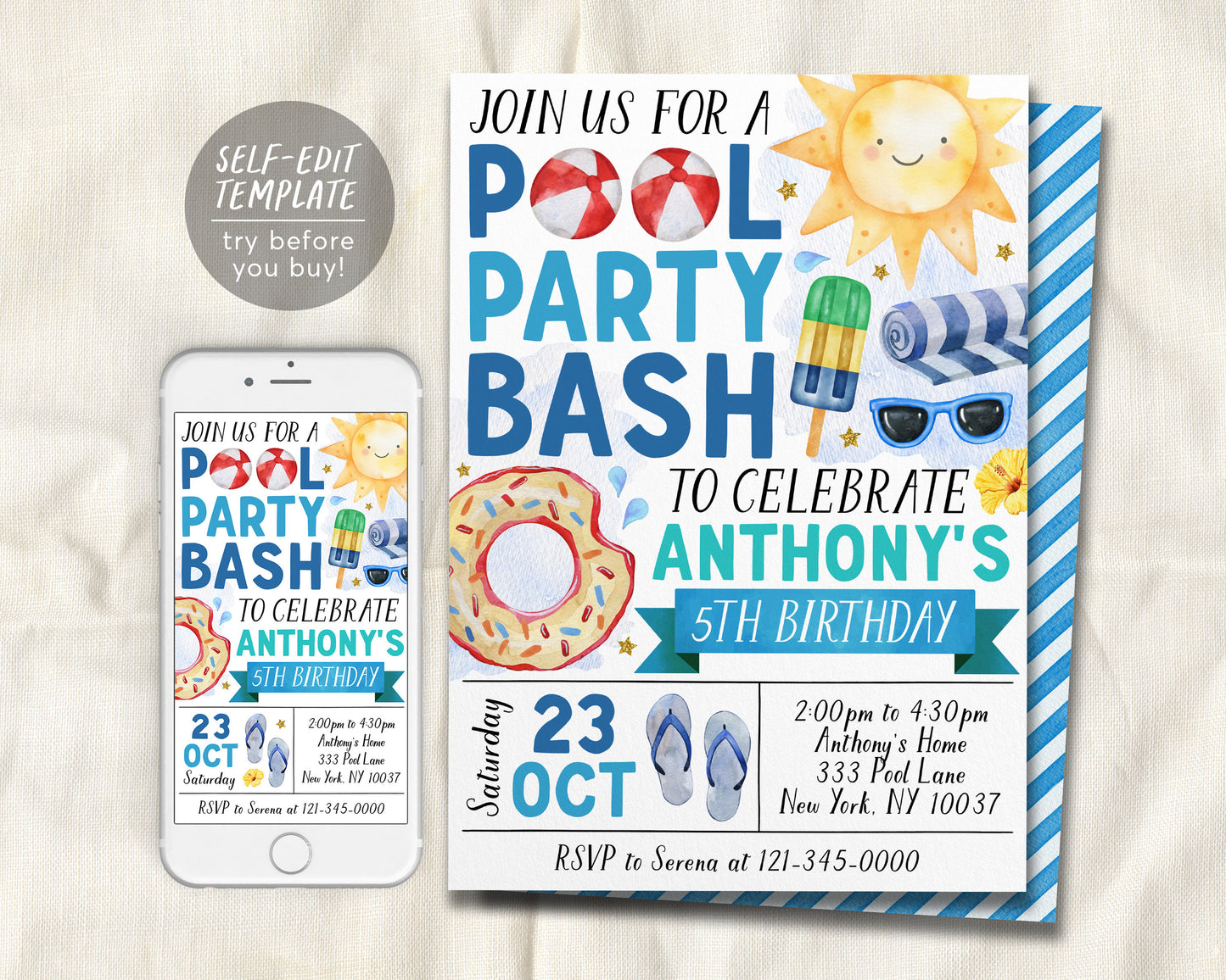 Pool Party Birthday Invitation Editable Template