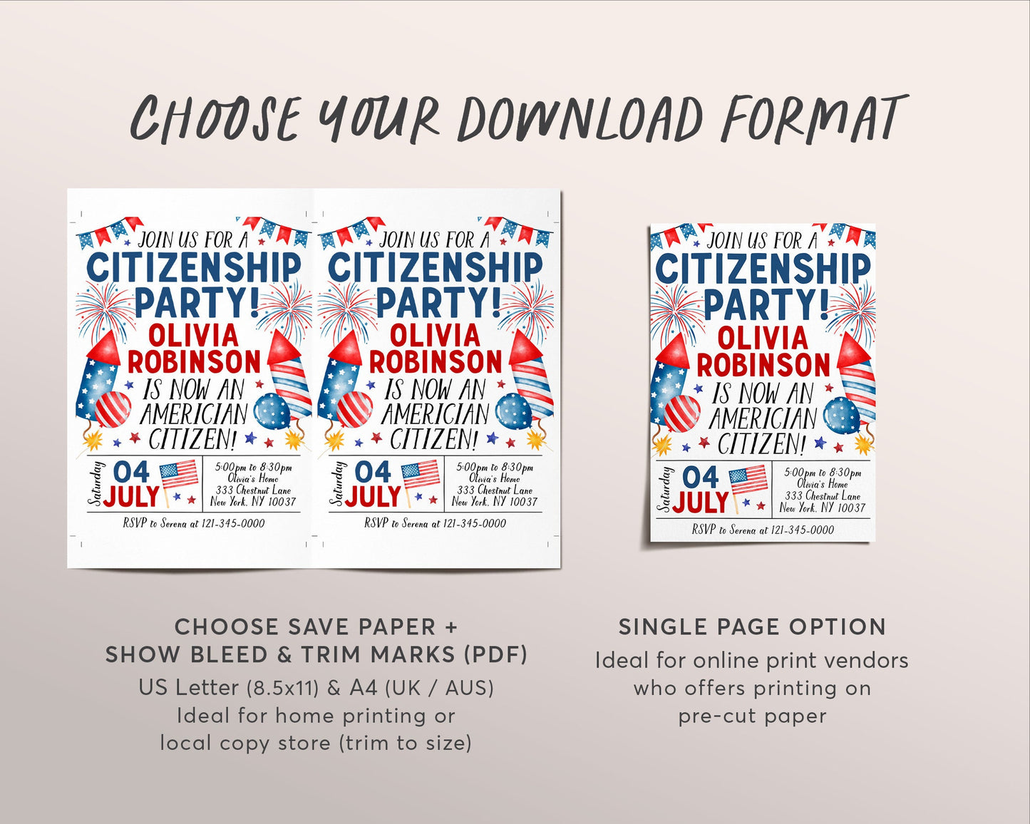 US Citizenship Party Invitation Editable Template, Naturalization American New Citizenship Celebration Invite, US Theme 4th of July