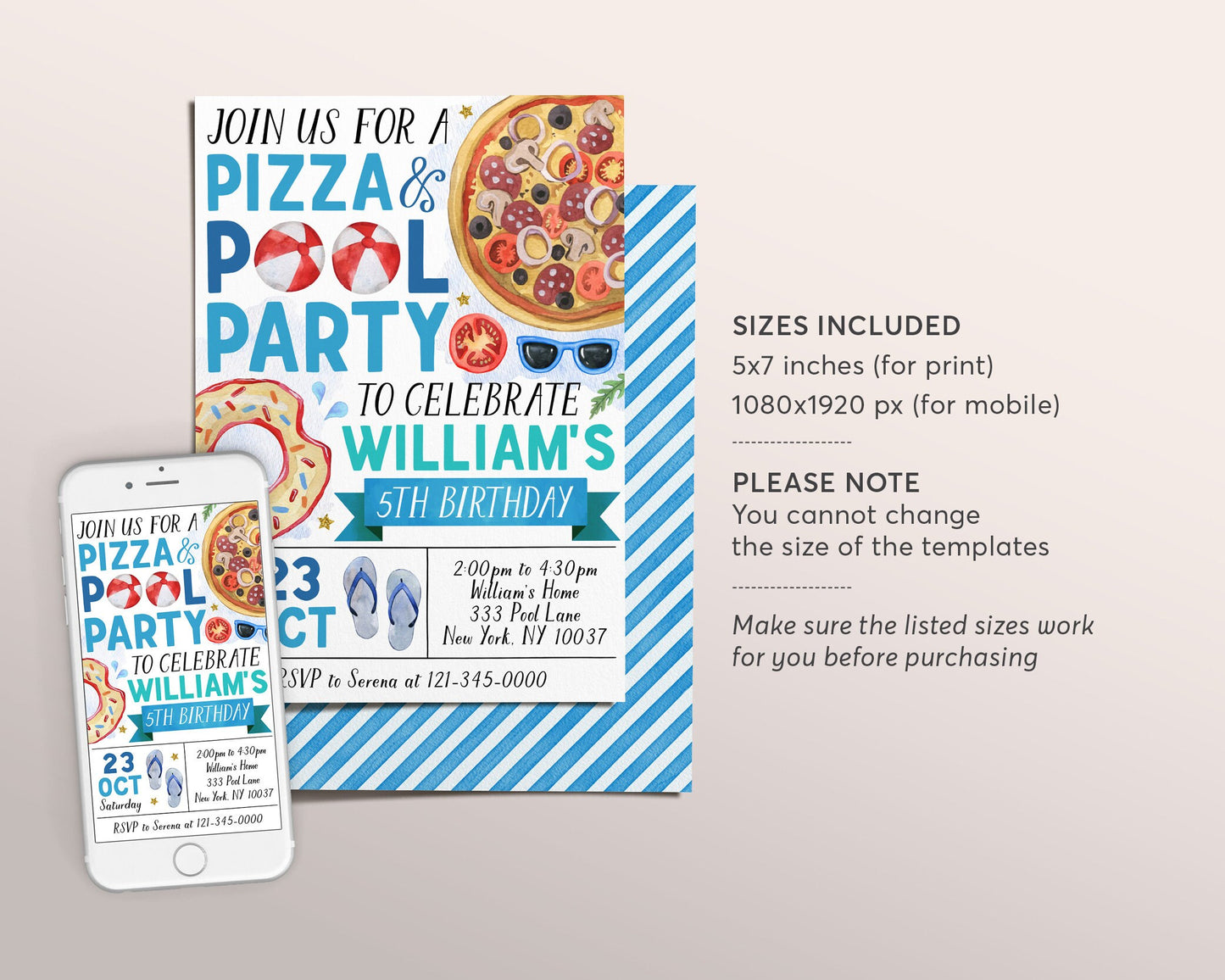 Pizza Pool Party Birthday Invitation Editable Template, Summer Swimming Pool Pizza Party Bash Invite, Boy Tropical End Of School Evite