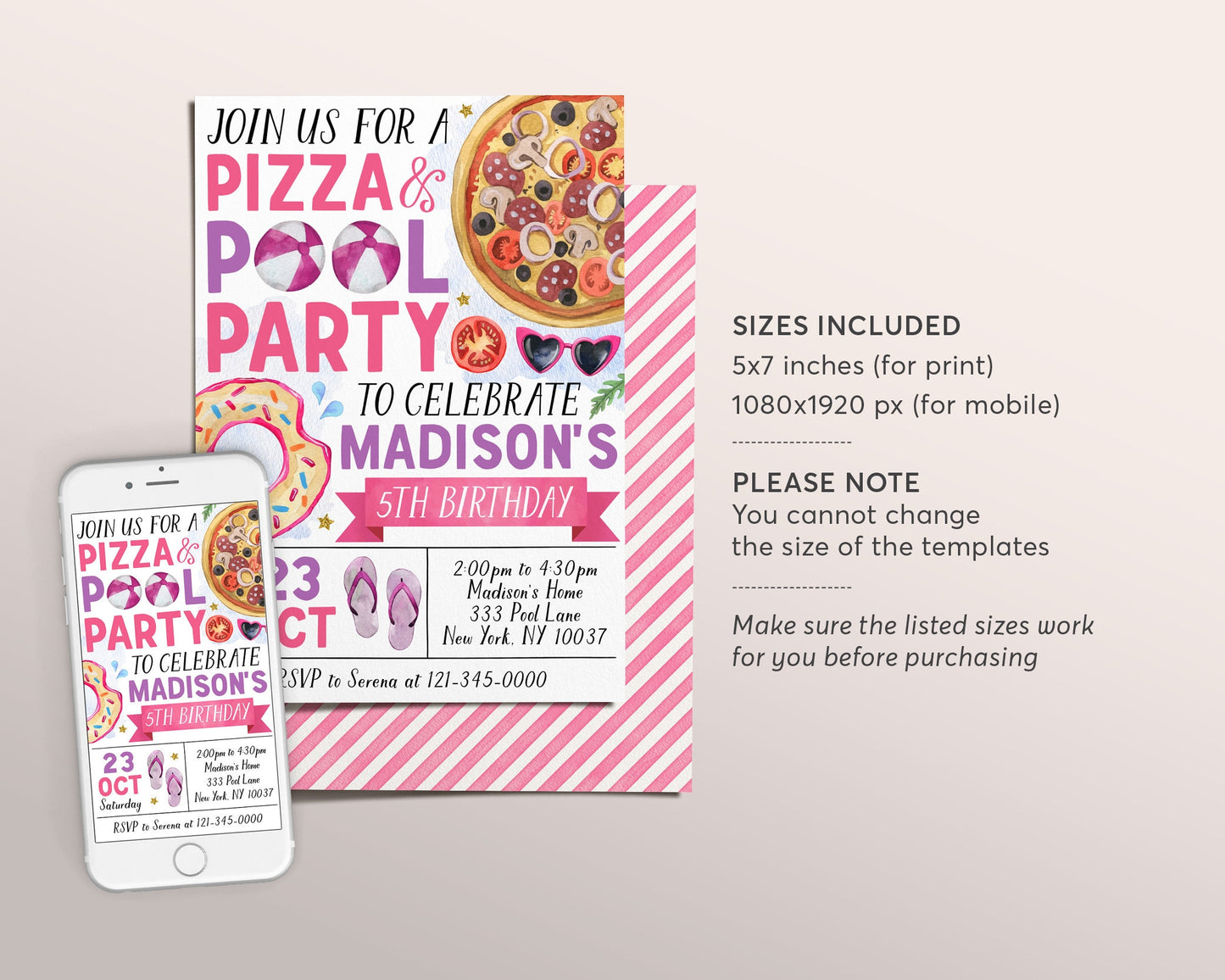 Pizza Pool Party Birthday Invitation Editable Template, Summer Swimming Pool Pizza Party Bash Invite, Girl Tropical End Of School Evite