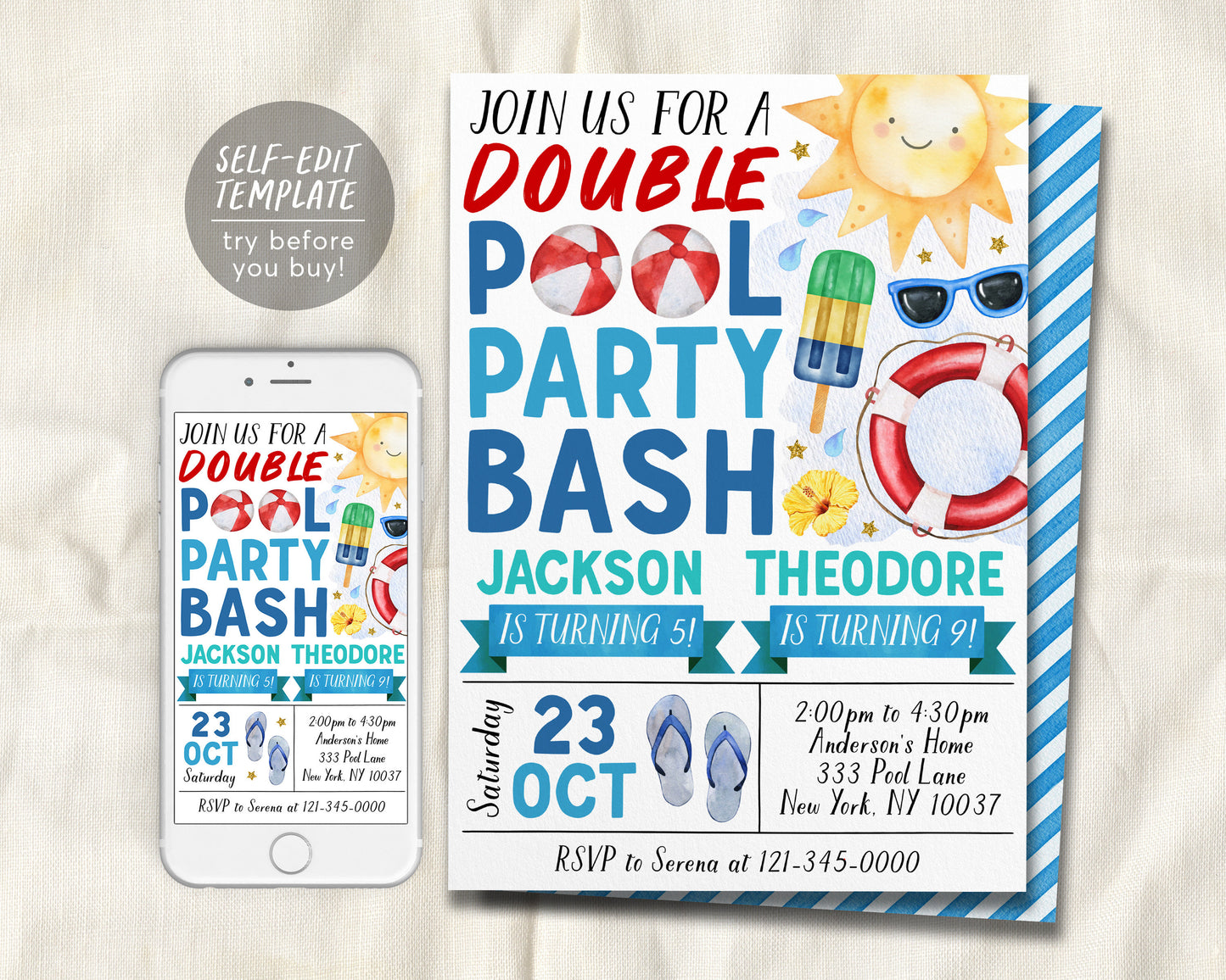 Pool Party Joint Siblings Birthday Invitation Editable Template