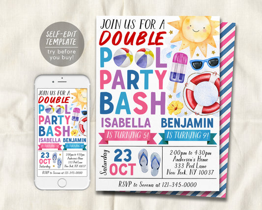 Pool Party Joint Siblings Birthday Invitation Editable Template