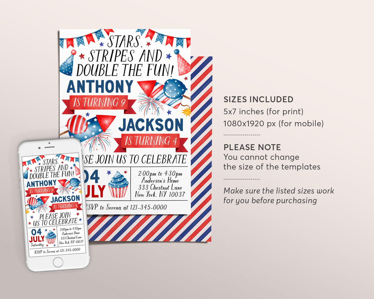 4th of July Joint Siblings Birthday Invitation Editable Template, Star Stripes And Fun Birthday Patriotic Party Invite, Red White Blue Evite
