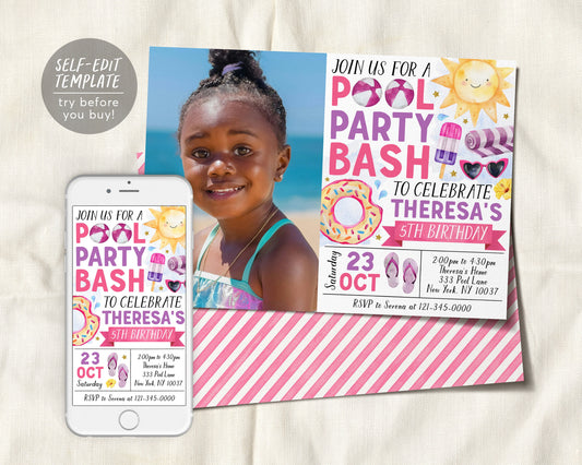 Pool Party Birthday Invitation With Photo Editable Template, Summer Tropical Swimming Pool Party Invite, Girl Splash Pad End Of School Evite