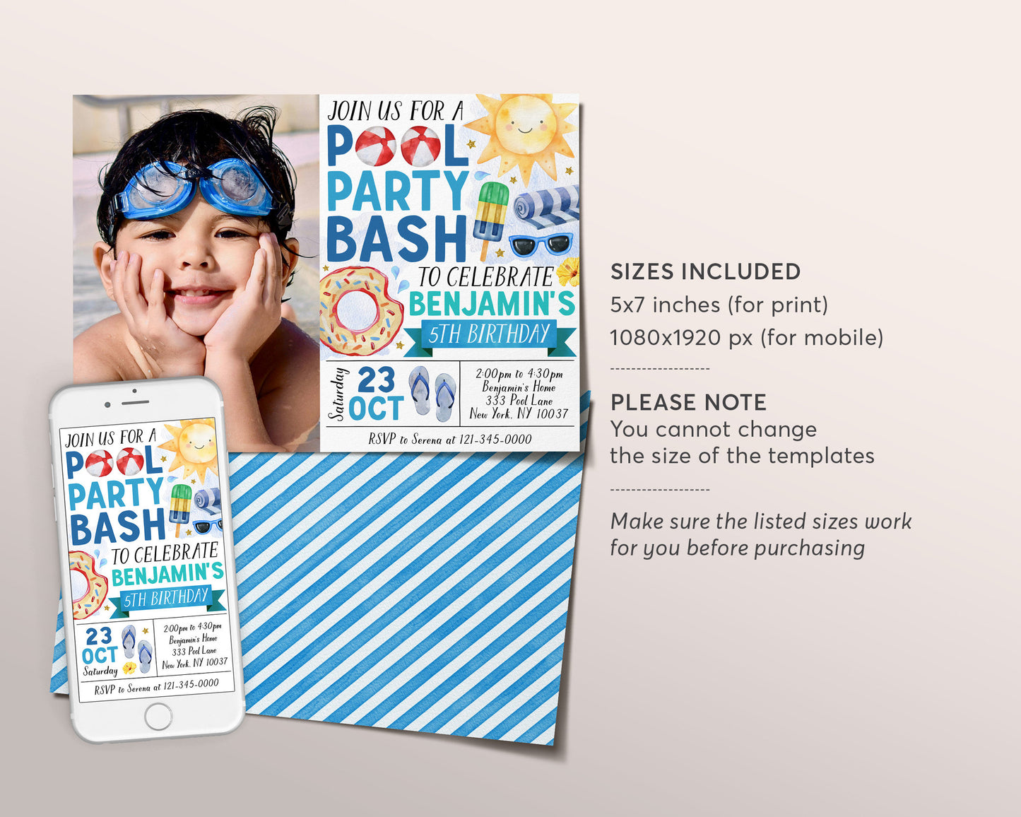 Pool Party Birthday Invitation With Photo Editable Template, Summer Tropical Swimming Pool Party Invite, Boy Splash Pad End Of School Evite