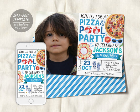 Pizza Pool Party Birthday Invitation With Photo Editable Template