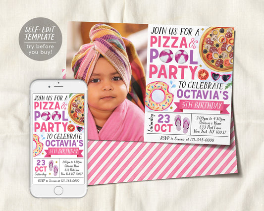 Pizza Pool Party Birthday Invitation With Photo Editable Template