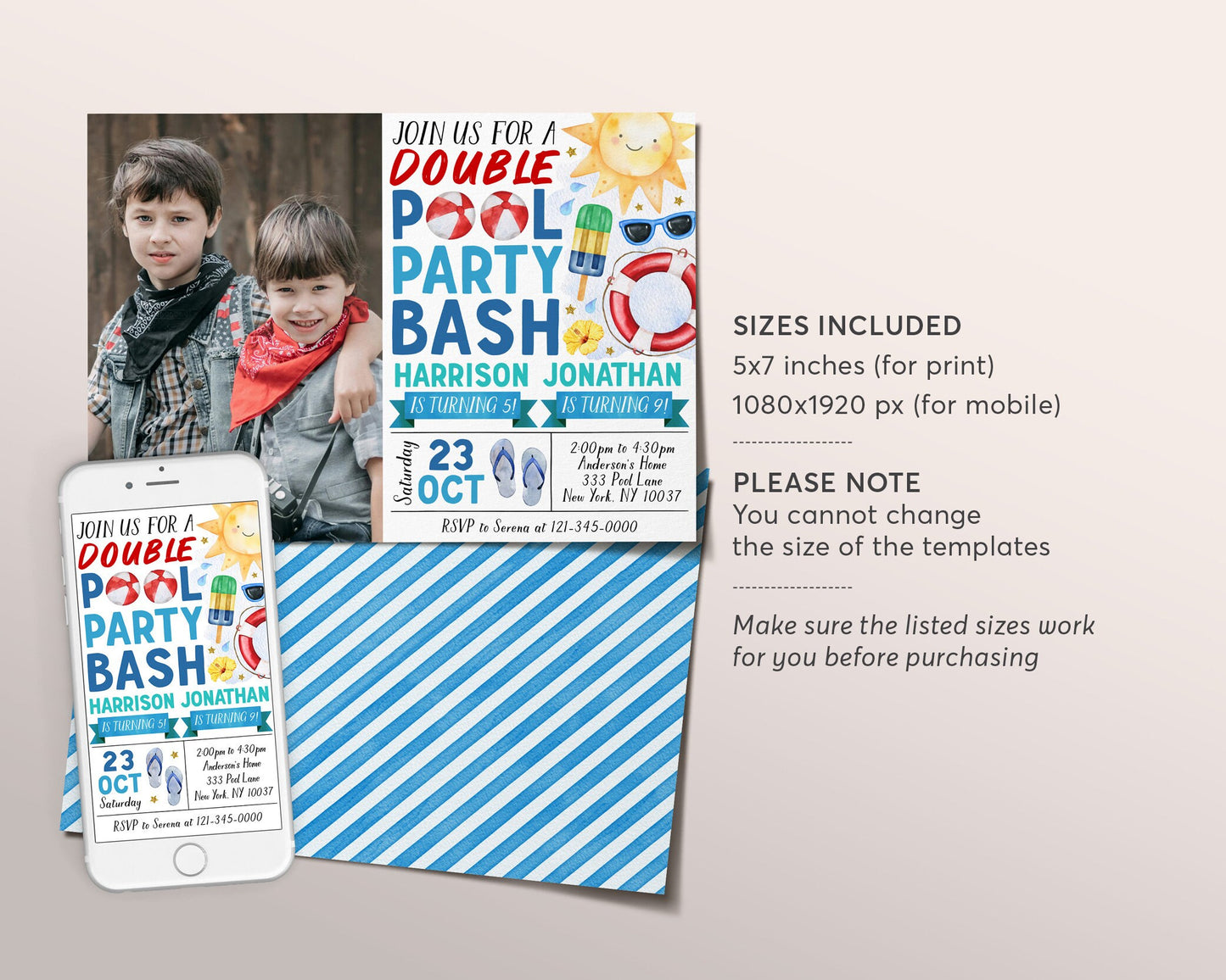 Pool Party Joint Siblings Birthday Invitation With Photo Editable Template, Summer Brothers Twins Boys Swimming Pool Party Invite Evite