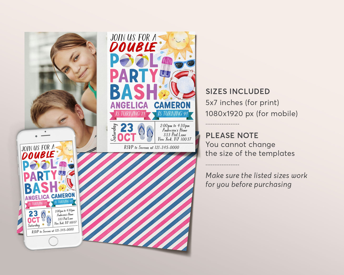 Pool Party Joint Siblings Birthday Invitation With Photo Editable Template, Summer Boy Girl Twins Swimming Pool Party Invite Swimming Evite