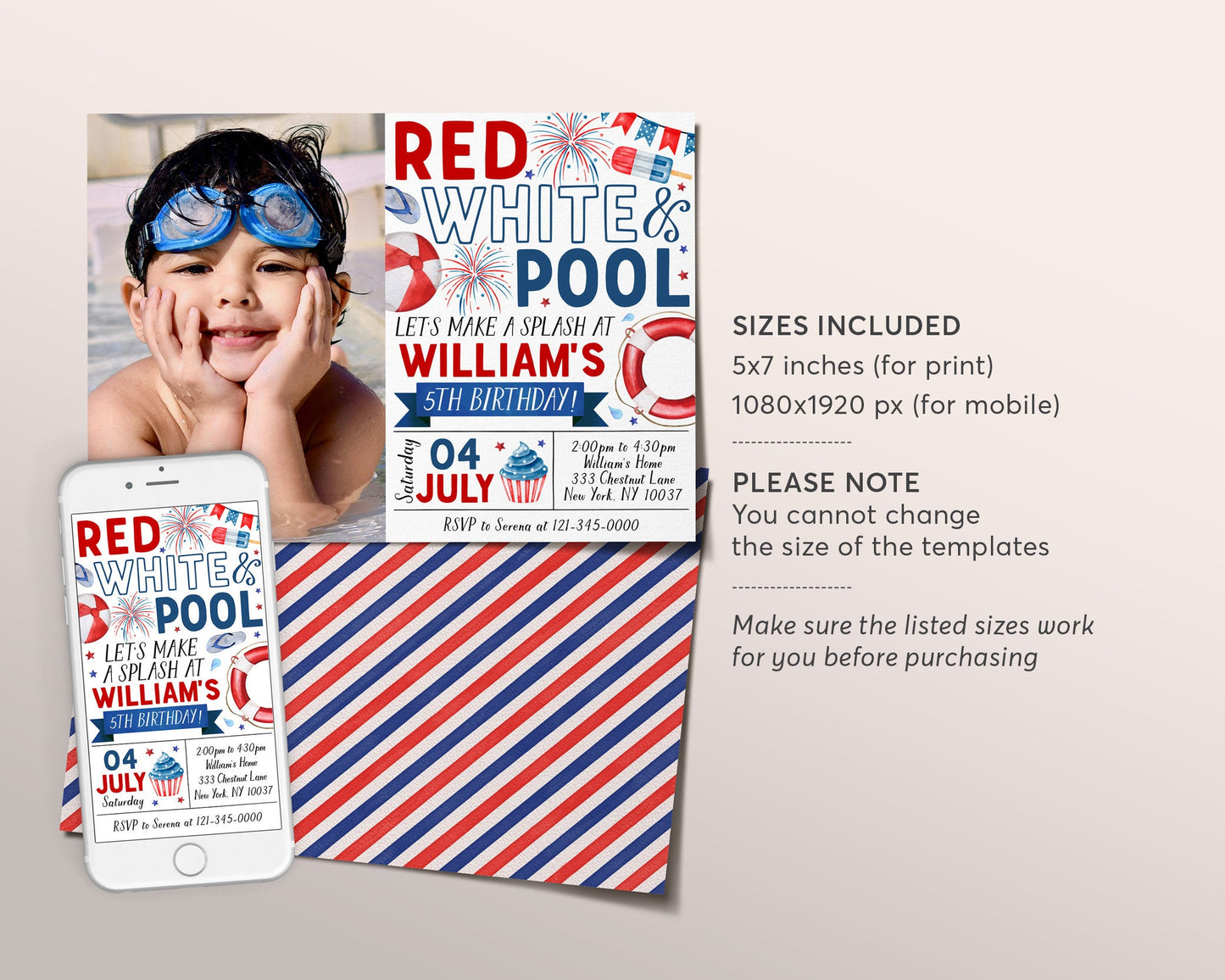4th of July Birthday Invitation With Photo Editable Template, Red White Pool Party Invite, Patriotic Summer Swim Party Evite, Memorial Day