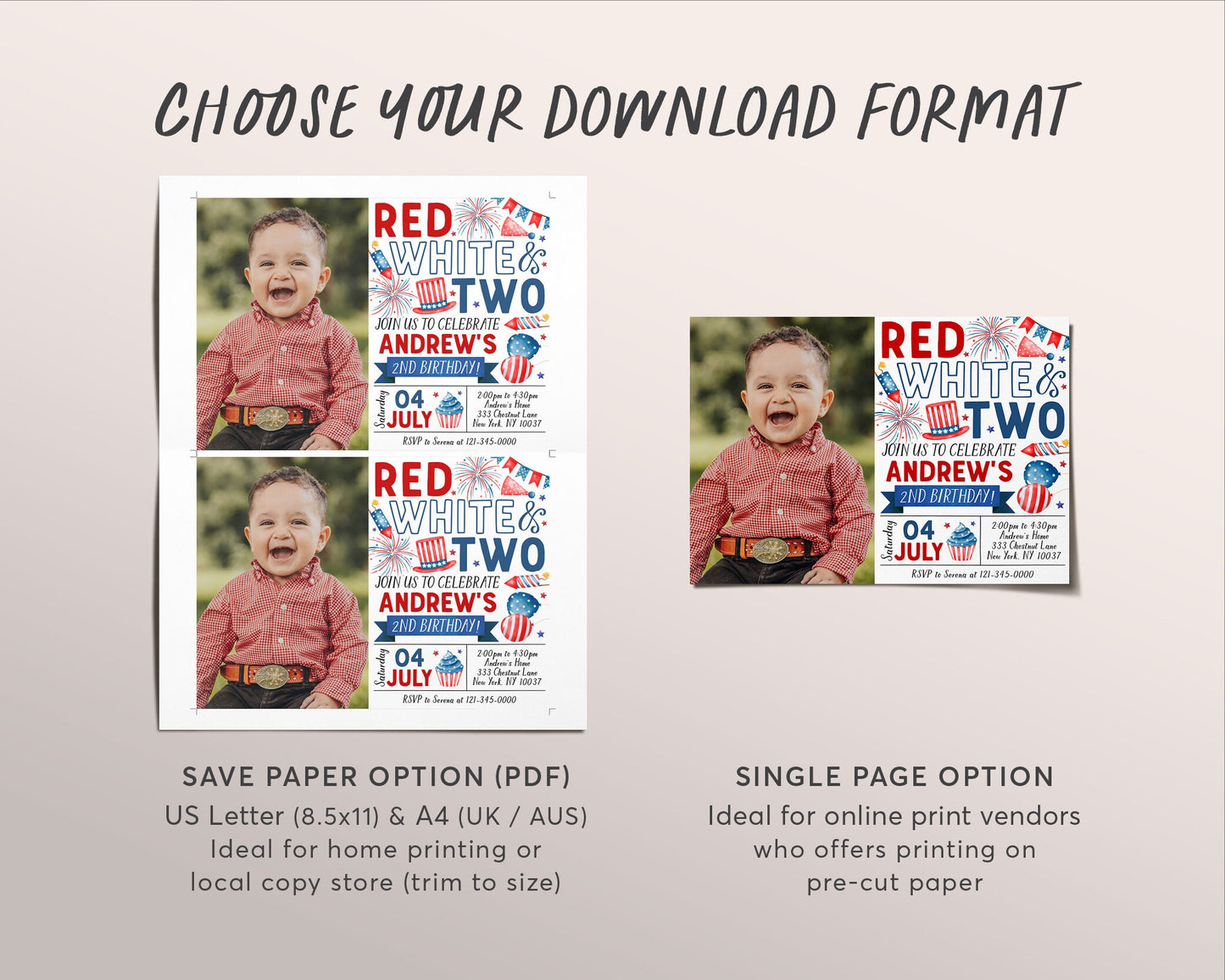 4th of July 2nd Birthday Invitation With Photo Editable Template, Red White and Two Second Birthday Patriotic Party BBQ Invite Evite