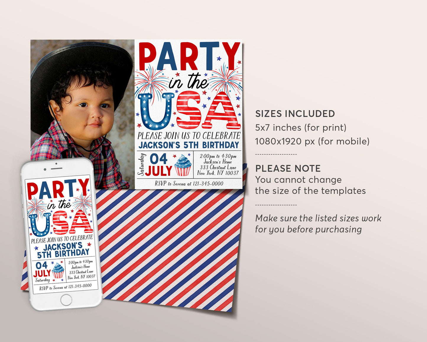 4th of July Birthday Invitation With Photo Editable Template, Party In The USA Patriotic Fourth of July Party Invite, Red White BBQ Evite