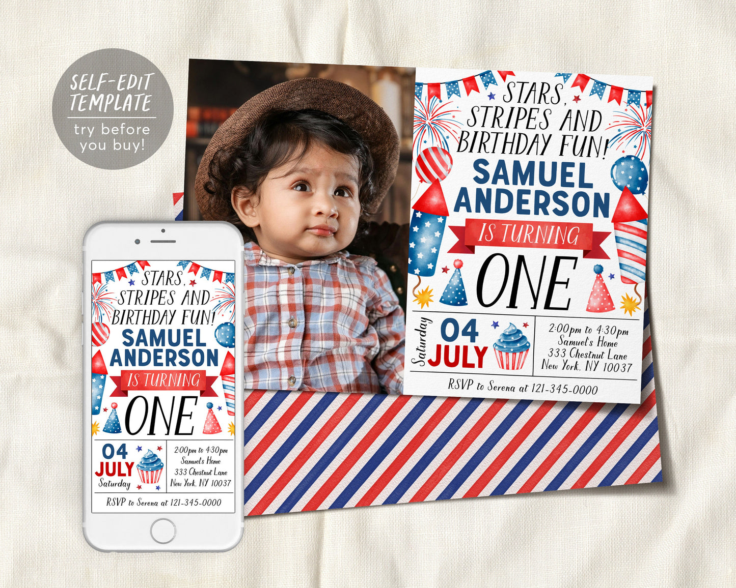 4th of July Birthday Invitation With Photo Editable Template, Star Stripes And Fun First Birthday Patriotic Party Invite, Red White Blue