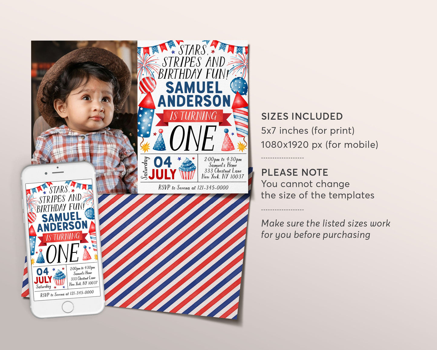 4th of July Birthday Invitation With Photo Editable Template, Star Stripes And Fun First Birthday Patriotic Party Invite, Red White Blue