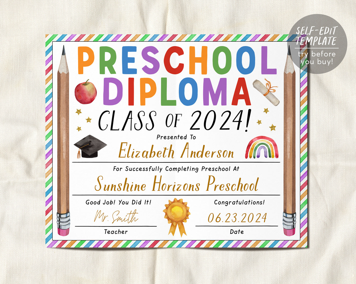 Preschool Graduation Ceremony BUNDLE Editable Template, Pre-K Kindergarten Class Graduation Certificate, Graduation Invitation Invite Evite